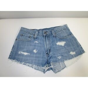 Levis 527 Low Boot Cut Denim Shorts Women's W33 L30 Distressed Ripped Frayed